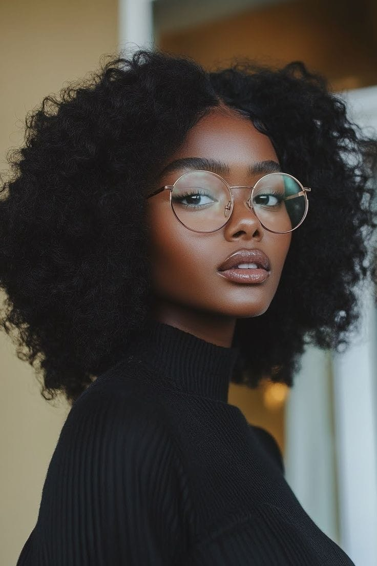 Beautiful woman with natural curly hair wearing glasses, showcasing healthy textured hair